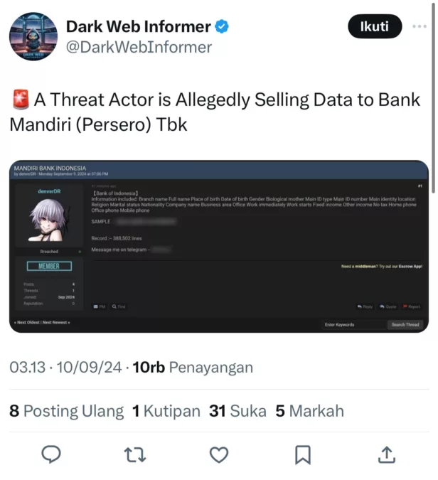 Dark Web Informer Data Bank Mandiri