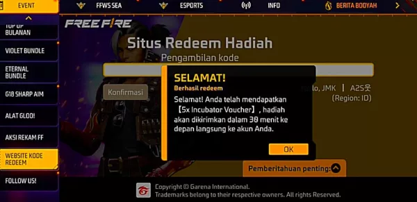 Kode Redeem FF Hari Ini Kamis 17 Oktober 2024, Masih Ada Incubator Voucher dan Eternal Voucher