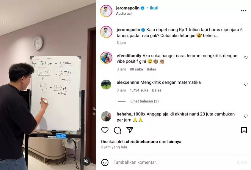 Jerome Polin hitung keuntungan koruptor korupsi triliunan, tapi cuma dipenjara enam tahun.