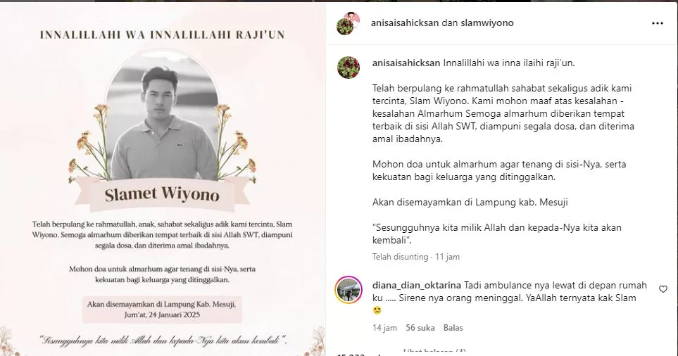 Unggahan Kabar duka Slam Wiyono (IG/anisaisahicksan)