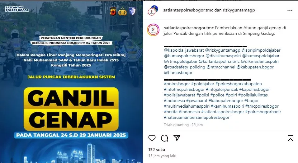 Pengumuman resmi ganjil genap (IG/satlantaspolresbogor.tmc)