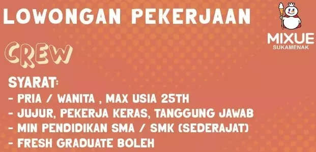 Mixue Cabang Bandung Gelar Loker untuk Lulusan SMA dan SMK Posisi Crew, Begini Cara Daftarnya