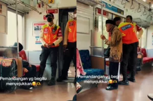 Salut, Security Ini Terlihat Menjaga Seorang Kakek Lansia yang Tertidur di KRL